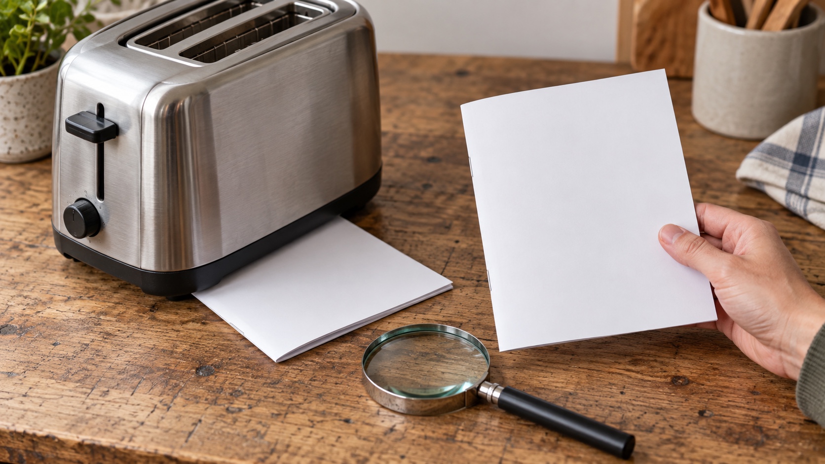 Unbranded toaster beside two blank coverage booklets and a magnifying glass on a workbench.